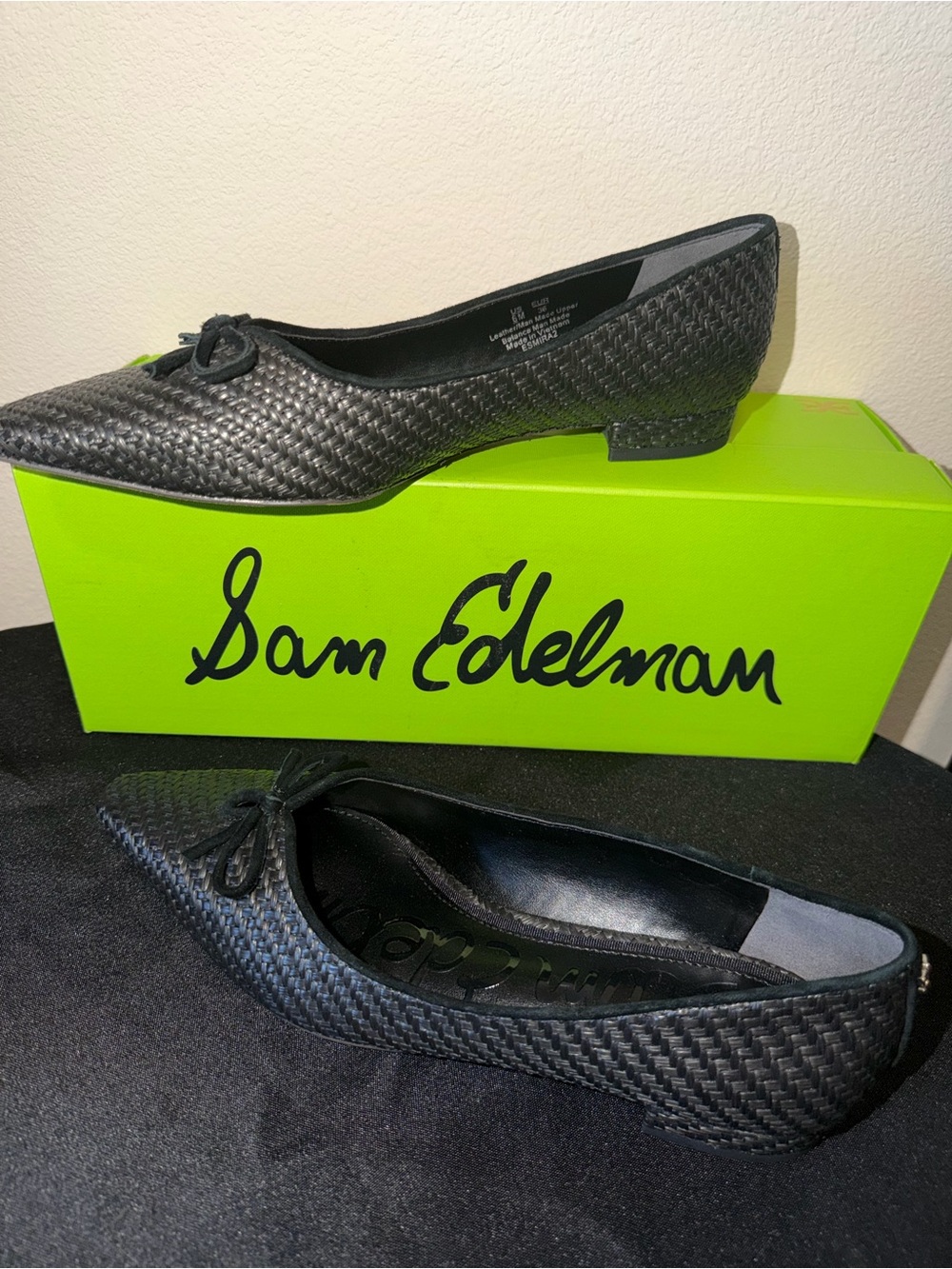 Sam Edelman “Esmira” Black Woven Pointed Ballet Flats with Bow